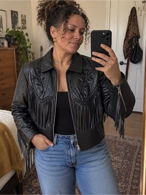 1980s–1990s MOB Genuine Leather Jacket – Black Fringe Western Style - Small
